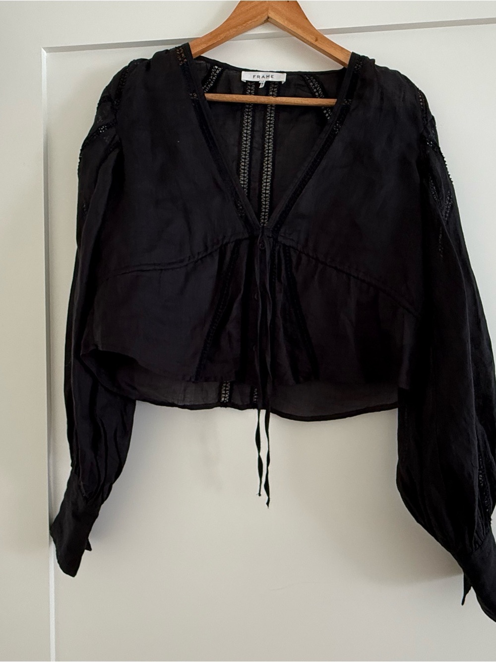 Frame Denim Black Tie-Front Peasant Blouse